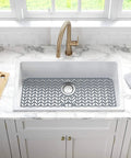 Gray 29 By 15.35 Inch Silicone Kitchen Sink Mat in stainless steel sink, prevents scratches and dish breakage.