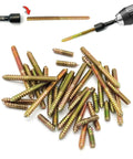 Killer 41 Piece Hanger Bolt Set With 1/4 20 Threads And Assorted One To Three Inch Lengths showing assorted screws and driver.