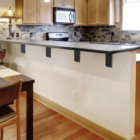 Kitchen island with Beefy Heavy Duty Countertop Support Brackets Set Of 4, 6 By 8 Inch Metal Corbels for bar tops, matte black finish