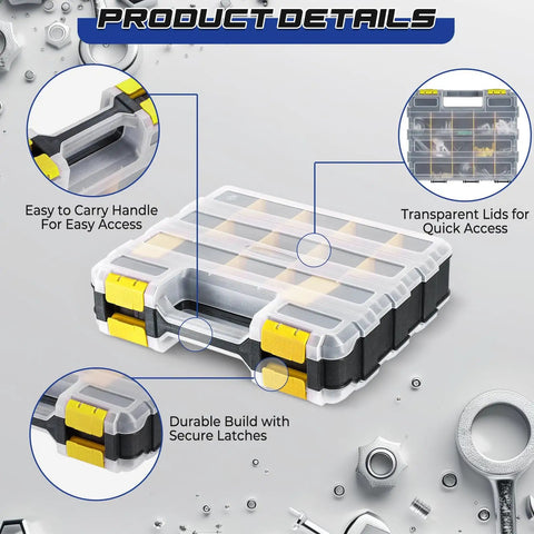 2 Pack 34-Compartment Double-Sided Parts Organizer With Removable Dividers, Durable Yellow Plastic Storage Case details