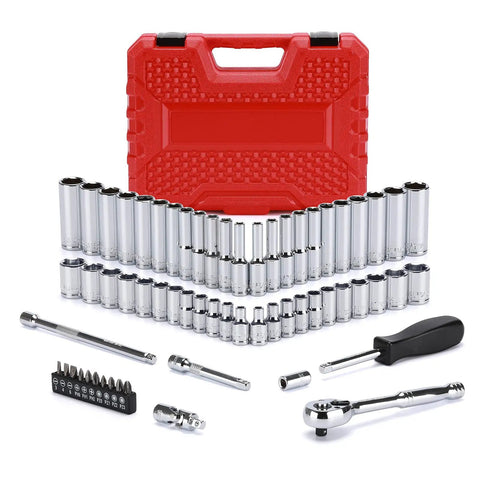 One Quarter Inch Drive Socket Set With Ratchet Adapters Extensions And Bits SAE And Metric Sizes From 4mm To 14mm Chrome Vanadium