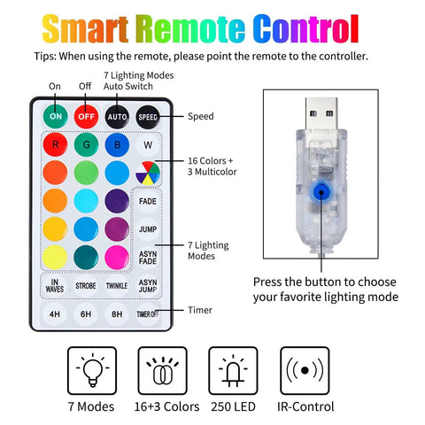 Remote control for 16 Color Changing Curtain Lights With 250 LEDs, 9.8 By 8.8 Feet Fairy String Lights, USB powered.