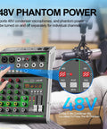 4 Channel DJ Mixer With USB Bluetooth And Computer Playback, highlighting 48V Phantom Power feature with studio setup
