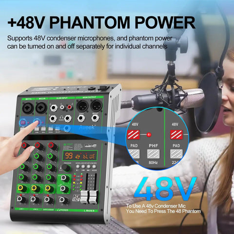 4 Channel DJ Mixer With USB Bluetooth And Computer Playback, highlighting 48V Phantom Power feature with studio setup