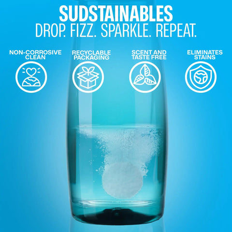 Water Bottle Cleaner Tablets 36 Pack No Chlorine Odor Control Formula dissolving in water with benefits listed.