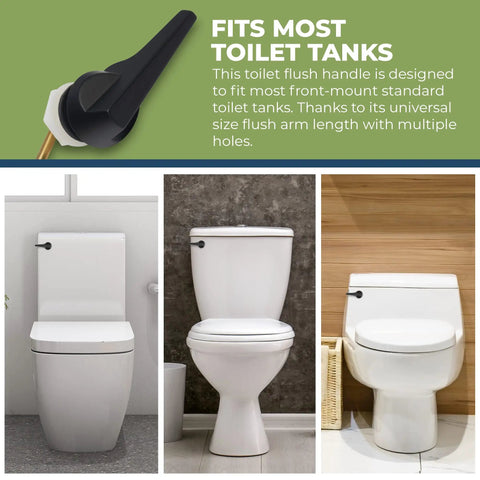Durable Metal Toilet Handle Replacement with Brass Tank Lever Arm shown installed on various front mount toilet tanks.