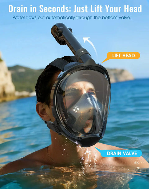 Person wearing G2 Full Face Snorkel Mask With Dry Top System Foldable 180 Degree Epic Panoramic View Snorkeling Mask With Camera Mount