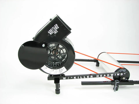 Kat 1 Indoor Roller Training Station with quiet 4.5 alloy rollers, adjustable steel frame and fork stand, shown side view