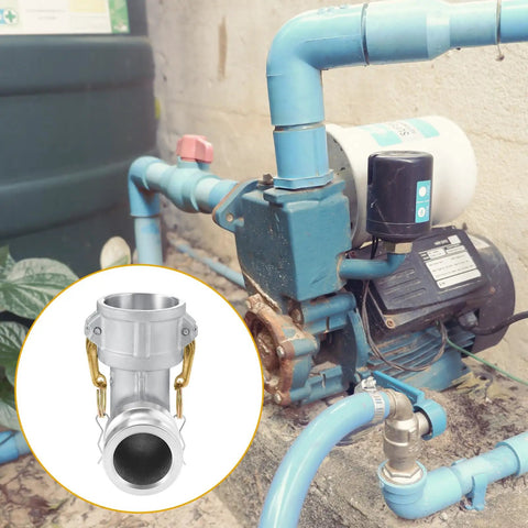 Image showing Aluminum Cam and Groove Hose Fitting 2 Inch Female to 2 Inch Male 90 Degree Elbow Camlock with plumbing setup