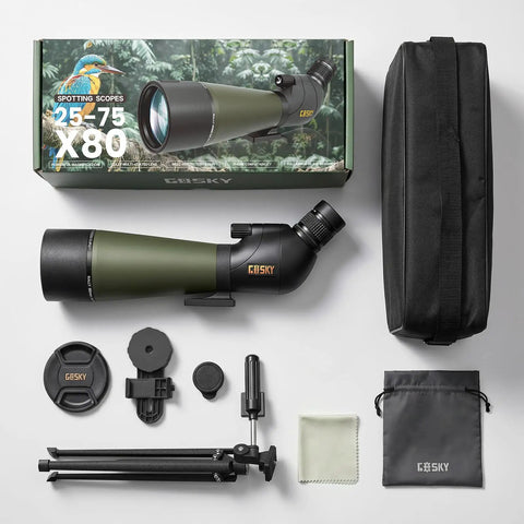 Flagship Spotting Scope 25-75x80 With Tripod For Target Shooting And Long Distance Viewing, BAK4 Prism, FMC Optics, Durable Build, Ideal For Birding, Wildlife Watching, And Range Day. spotting scope kit with tripod, case, caps, and cloth