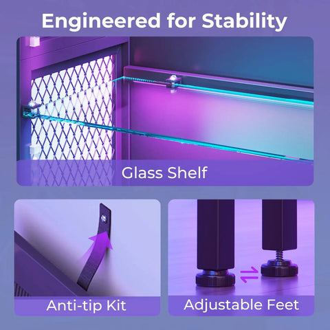 Four Tier Tempered Glass Display Cabinet With RGB Led Lighting And Music Sync featuring glass shelf and adjustable feet.