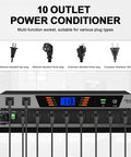 High Grade 10 Outlet Rackmount Power Conditioner And Sequencer showing multiple socket types and digital display for voltage management.