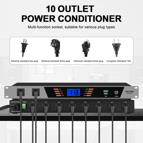 High Grade 10 Outlet Rackmount Power Conditioner And Sequencer showing multiple socket types and digital display for voltage management.
