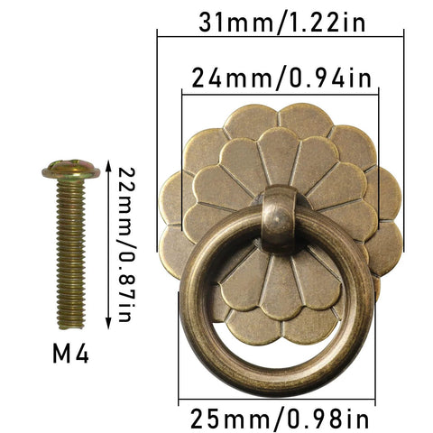 Six Pack Vintage Style Brass Ring Pulls Set 2.5 Cm Ring Diameter With 0.87 Inch Screws Solid Brass Construction Rust Resistant Easy Screw Mount