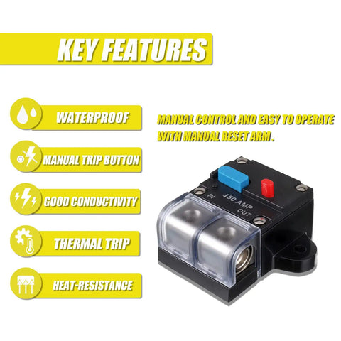 Heavy Duty 150 Amp DC Circuit Breaker With Manual Reset For Car Audio, RV, Marine And Boat Systems, 12-48 Volt, 0-8 Gauge Wire, Self Recovery Overload Protector For Auxiliary DC Circuits, black waterproof unit with manual trip button