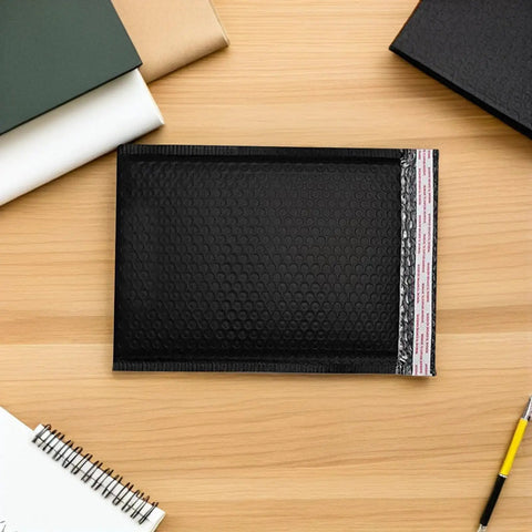 50 Pack Black PE Bubble Mailers With Self Seal Closure, Padded Shipping Envelopes for ecommerce on wooden desk