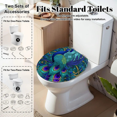 Round Toilet Seat Replacement for Bathroom with peacock design, fits standard toilets, adjustable hinges, installation video included.