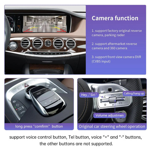 Dashboard view of Mercedes S-Class W222 with controls for Wireless CarPlay And Android Auto Plug And Play No Fuss Retrofit Kit.