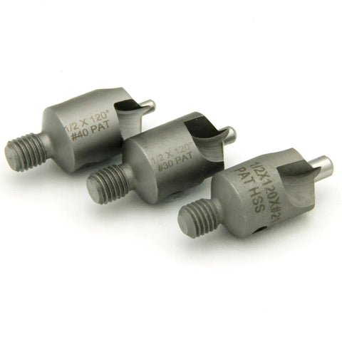 Three Piece 120 Degree Countersink Bit Set With Drill Guide Sizes 21 30 40 Self Centering Pilot Cutters Made From High Speed Steel For Precise Holes And Clean Finishes