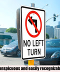 Front view of No Left Turn road sign, 24 x 18 inches, reflective aluminum with pre-drilled holes