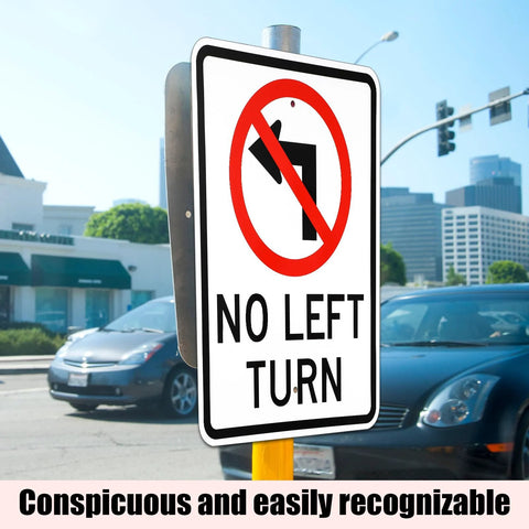 Front view of No Left Turn road sign, 24 x 18 inches, reflective aluminum with pre-drilled holes