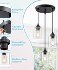 Three Light Pendant Lighting Fixture For Kitchen Island And Dining Area With Adjustable Cords And Glass Shades In Black Finish