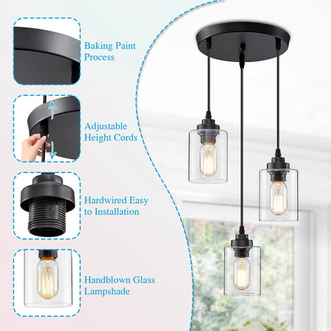 Three Light Pendant Lighting Fixture For Kitchen Island And Dining Area With Adjustable Cords And Glass Shades In Black Finish