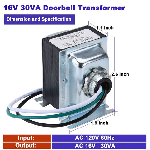 16V 30VA AC Doorbell Transformer Power Supply For Hardwired Door Chimes And Thermostats with dimensions and specifications