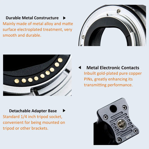 Close-up of EF To EOS M Lens Adapter highlighting metal constructure, electronic contacts, and detachable adapter base