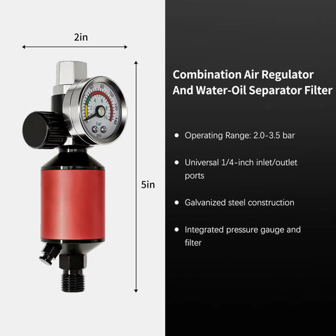 Pro Level HVLP Air Spray Gun Kit With 1.4 1.7 And 2.0Mm Nozzles, Built In Air Regulator And 10 Mixing Cups For Weekend Warriors, features combination air regulator and water-oil separator filter.