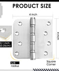 Heavy Duty Premium Stainless Steel Door Hinges Built Tough With Top Tier Ball Bearing Action So You Cannot Even Hear Them Moving While Securing Doors Perfectly With 3 Pack showing 4 inch square hinge dimensions and details.