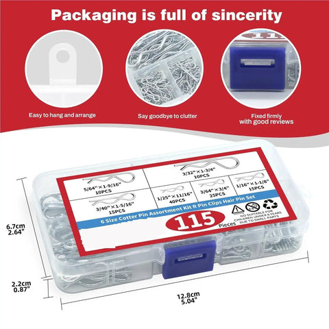 R Shaped Cotter Pin Assortment Kit 230 345 460 Piece Sets 6 Sizes 3 Set Pack for Quick Easy Secure Fastening and Hassle Free Installation Ideal for Garage Projects Automotive Diy and Machinery Repairs clear plastic case with 115 pins