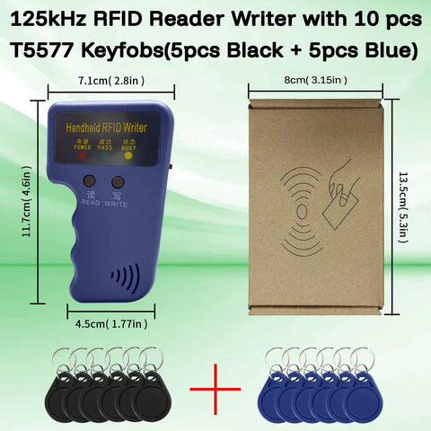 125kHz RFID Copier and Writer for T5577 EM4305 Handy Duplicator with 10 Blank Key Fobs and packaging