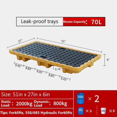 Heavy Duty 2 Drum Spill Containment Platform With Grating, Stackable Spill Pallet, Yellow and Black Polyethylene, 51x27x6 in