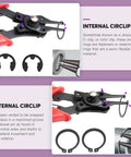 Close-up of Must Have All In One Snap Ring Pliers Kit 4 In 1 With Pro Grade Alloy Steel, showing internal and external circlips.