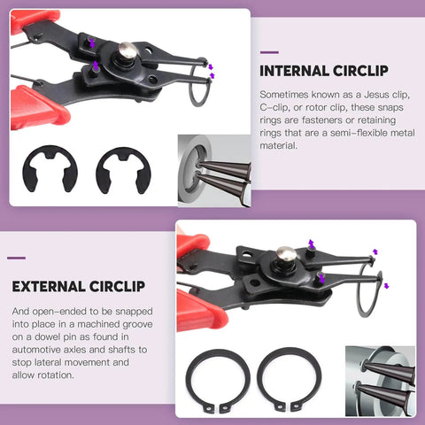 Close-up of Must Have All In One Snap Ring Pliers Kit 4 In 1 With Pro Grade Alloy Steel, showing internal and external circlips.