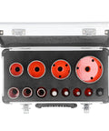 Cool Diamond Hole Saw Kit With 11 Pieces For Drilling Ceramic Tiles, Marble Granite Porcelain Stone And Glass Plus M14 Thread Vacuum Brazed Bits In 6 To 68mm Sizes That Get The Job Done Fast. Open case with 11 red diamond hole saw bits