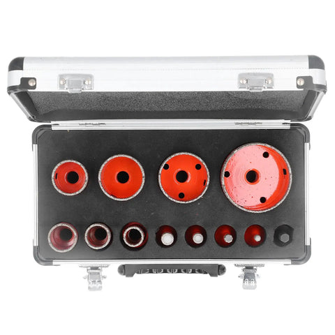 Cool Diamond Hole Saw Kit With 11 Pieces For Drilling Ceramic Tiles, Marble Granite Porcelain Stone And Glass Plus M14 Thread Vacuum Brazed Bits In 6 To 68mm Sizes That Get The Job Done Fast. Open case with 11 red diamond hole saw bits