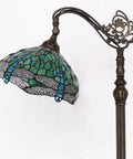 Stained Glass Tiffany Floor Lamp With Arched Gooseneck Adjustable Angle Reading Light In Green Dragonfly Glass Bronze Base 12 Inch Shade