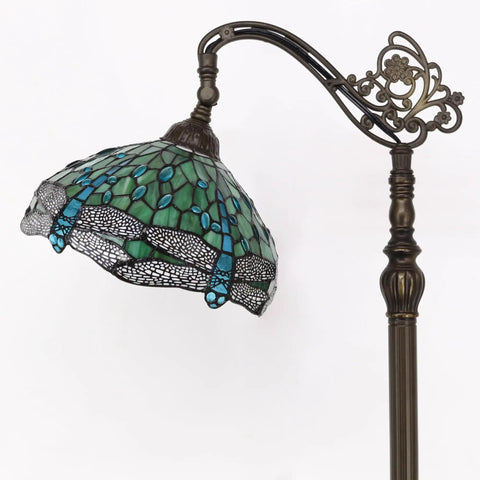 Stained Glass Tiffany Floor Lamp With Arched Gooseneck Adjustable Angle Reading Light In Green Dragonfly Glass Bronze Base 12 Inch Shade