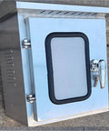 Side view of Outdoor Stainless Steel Weatherproof Electrical Control Box Enclosure For Wall Mount Industrial Grade Electric Control Panel.