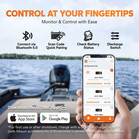 Person holding phone showing app controlling 36V 100Ah LiFePO4 Battery With Bluetooth Low Temp Protection for marine use.