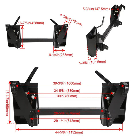 Dimensions of 4000 Lbs Quick Tach Conversion Adapter Plate For Global Loaders Universal Quick Attach System, showing multiple angles.