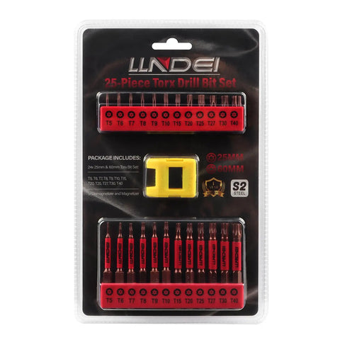 Torx Bit Set 25 PC With Security Tamper Resistant Star Bits T5 To T40 1 Inch And 2 Inch Magnetic Bits in packaging