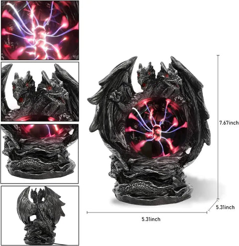 Dragon Plasma Ball Touch Sensitive USB Powered Globe With Purple Red Lightning That Trails Your Fingers, Air Ion Glow on dragon base