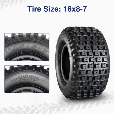 16x8-7 ATV Tires Set Of 2 Beefy Knobby Tubeless 6 Ply Go Kart Mini Bike Tires Heavy Duty 6PR Load Rating For Non Highway Use And Off Road Ready Great Traction On Dirt Trails