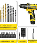 Image of 12V Cordless Drill With Rechargeable Battery And Fast Charger Three Eighth Inch Keyless Chuck, accessories and bits included.