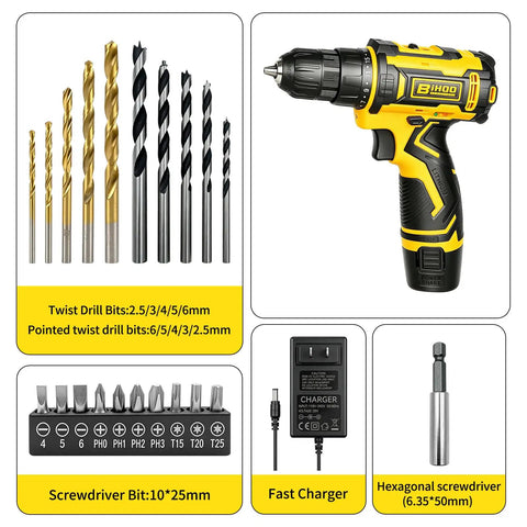 Image of 12V Cordless Drill With Rechargeable Battery And Fast Charger Three Eighth Inch Keyless Chuck, accessories and bits included.