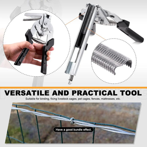 Heavy Duty Hog Ring Pliers Kit With 1200 Galvanized M Clips Pro Grade Manganese Steel Hand Tool for holding fencing and clips.
