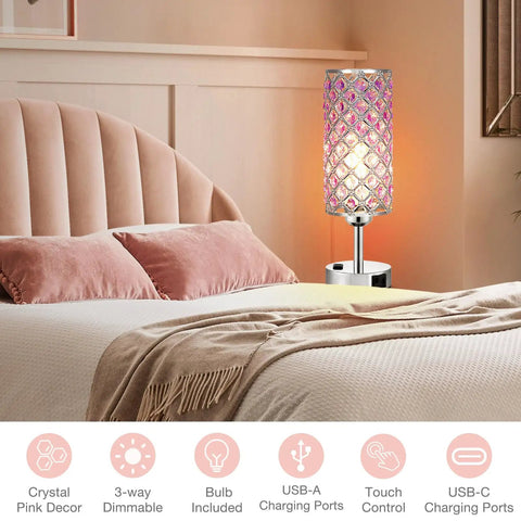 Rose Gold Crystal Touch Lamps Set Of 2 With Dual USB Ports, 3 Way Dimmable Nightstand Lights beside pink quilted bed